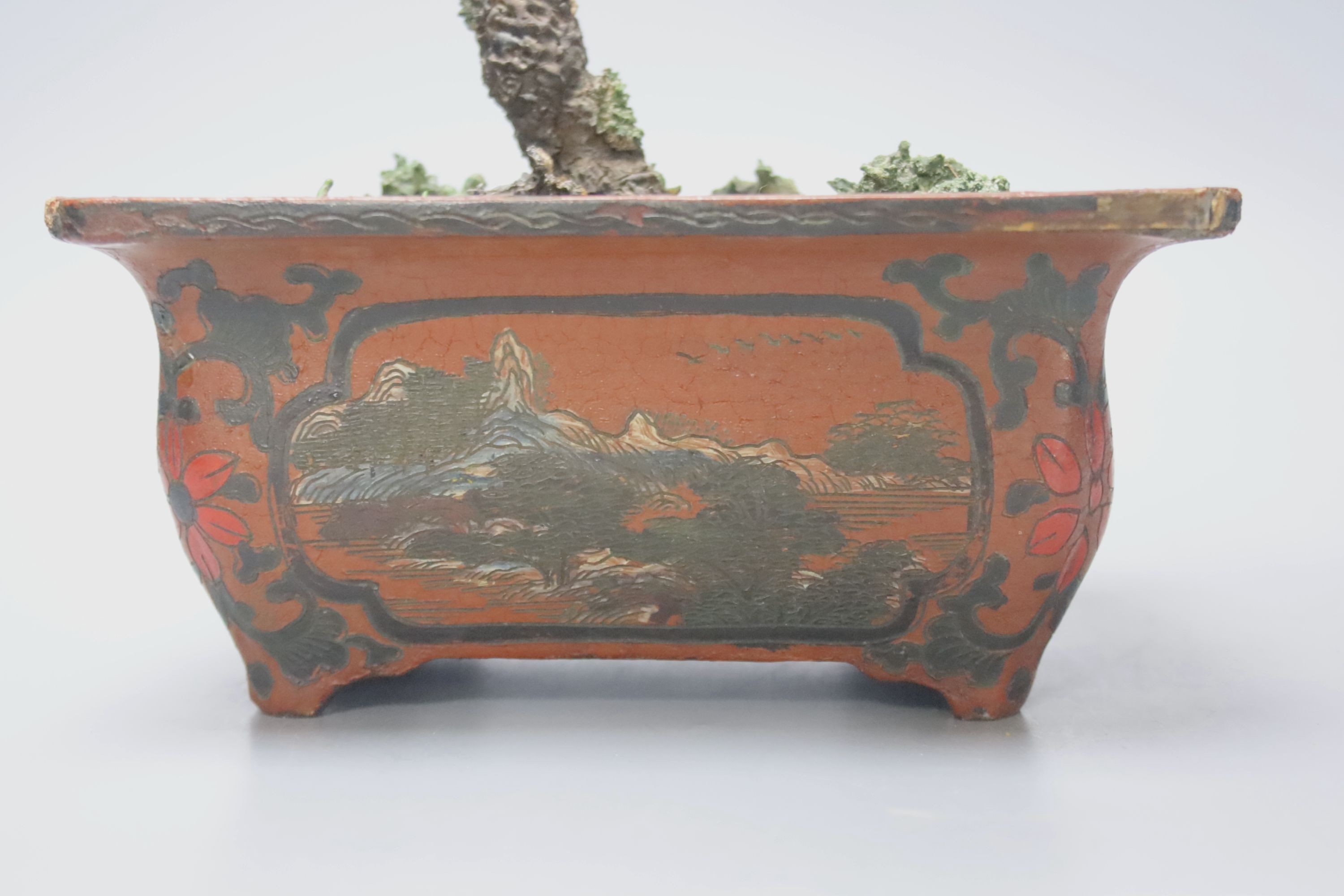 An early 20th century Chinese coloured glass and lacquer model of a tree in a jardiniere 35cm